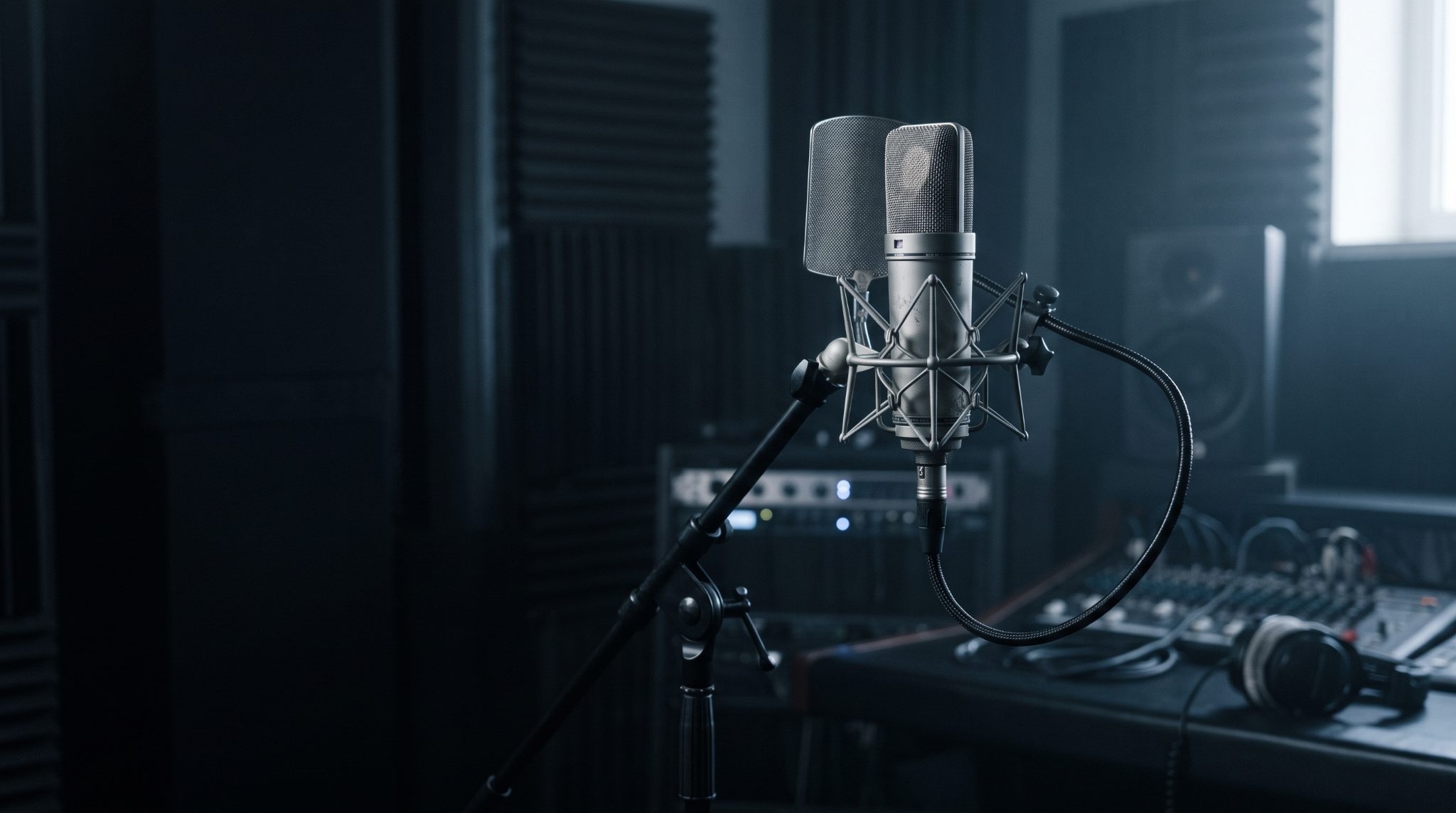 A studio microphone in a modern recording room
