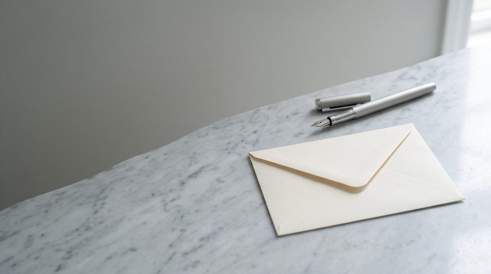 A cream envelope and silver pens on a pale stone surface