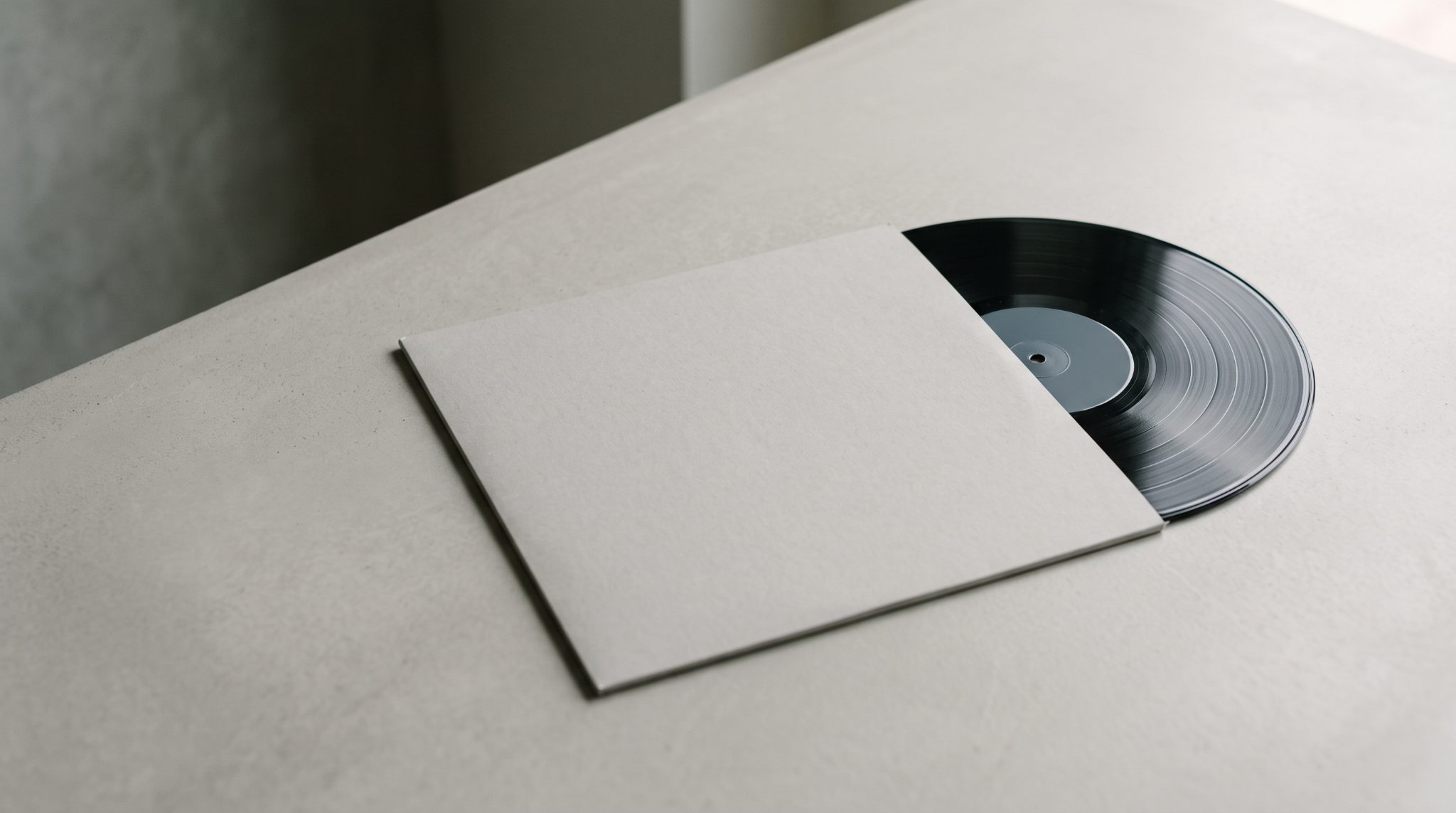 A vinyl record partly drawn from a pale sleeve on a silver-grey surface