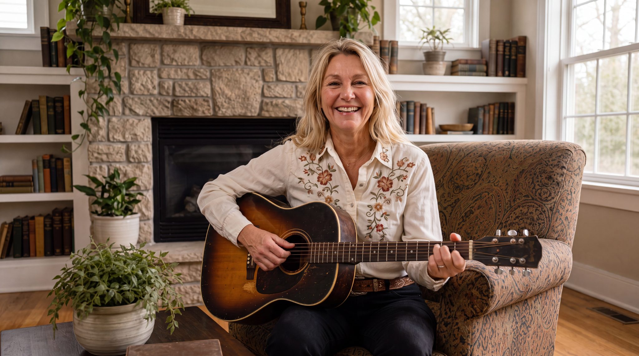 Sarah Jane Harrison smiling at home while playing an acoustic guitar