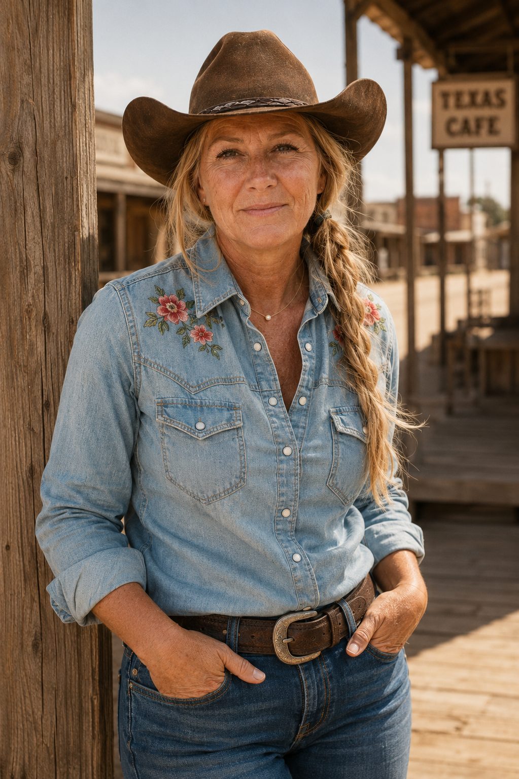 Sarah Jane Harrison in a denim western shirt and brown hat