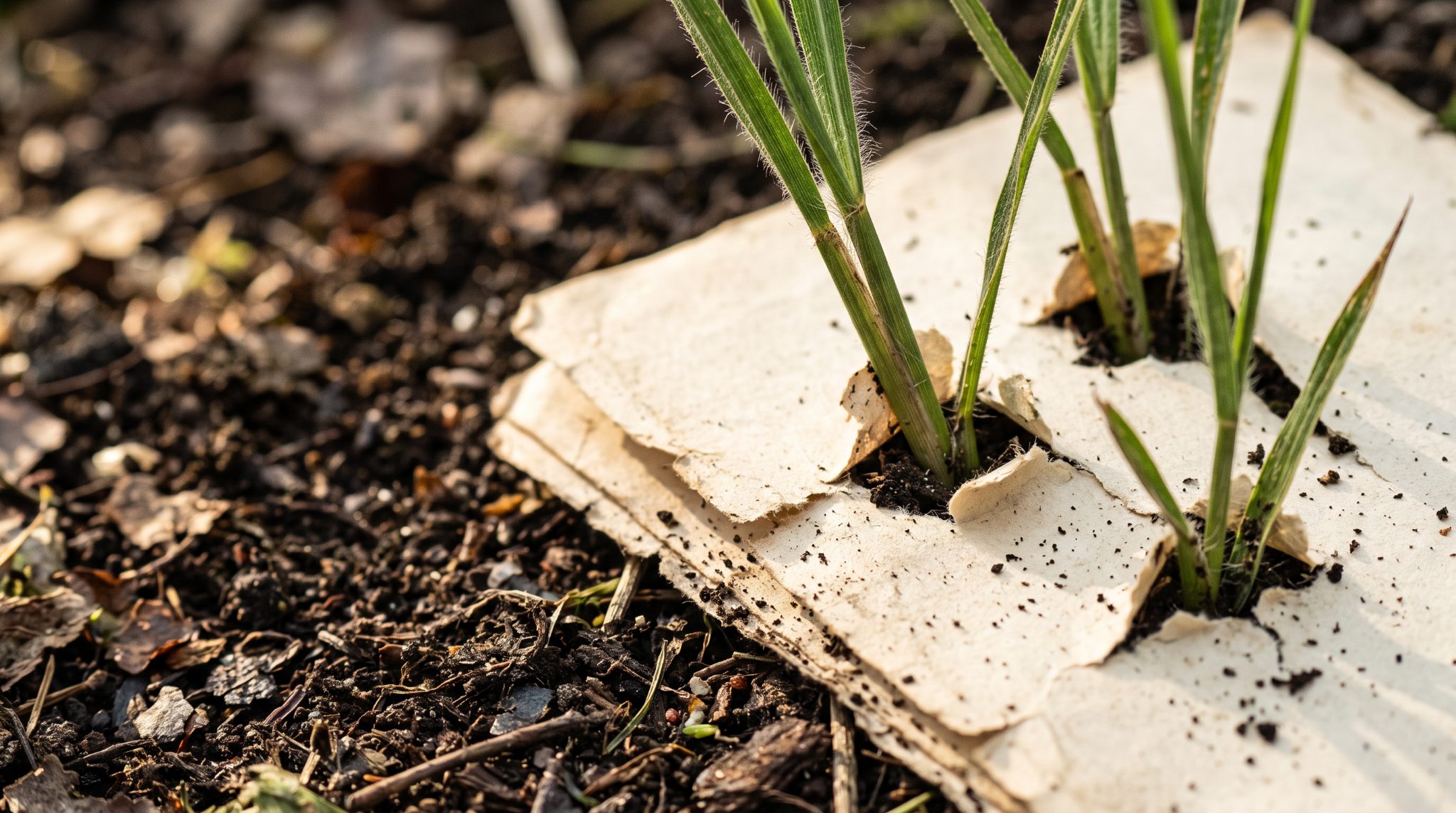 Green grass growing through torn paper in dark soil